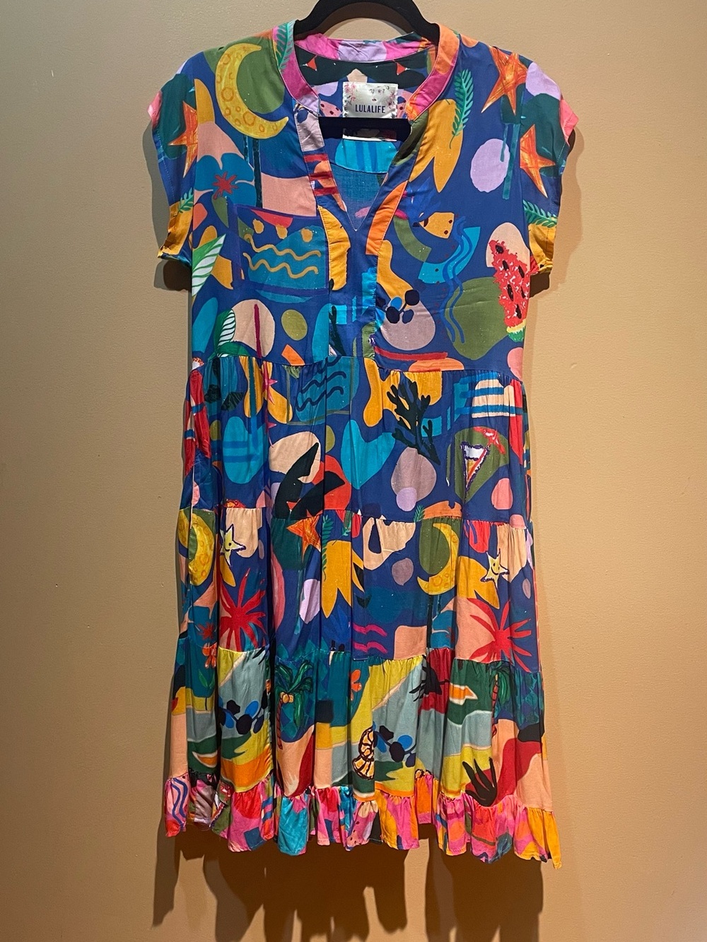 LulaLife Solana Tiered Colorful Dress Abstract Size Small